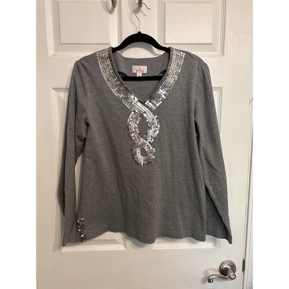 Quacker Factory womens Large long-sleeve top v-neck sequin key hole cotton‎ gray